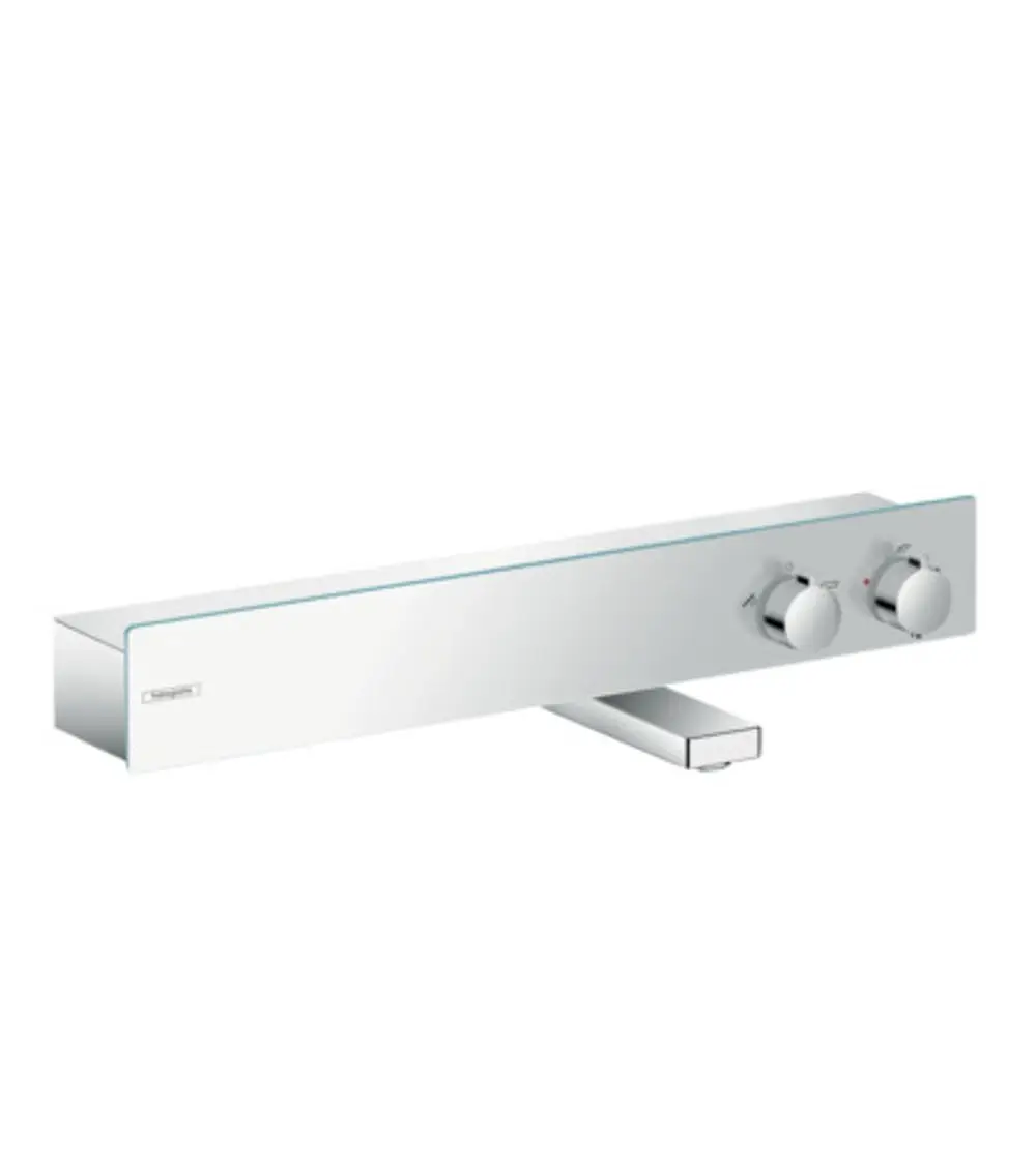 Wanne-Thermostat in Chromausführung von Hansgrohe, mit zwei Drehreglern zur Einstellung von Temperatur und Wasserfluss. Kompakte, flache Bauweise.